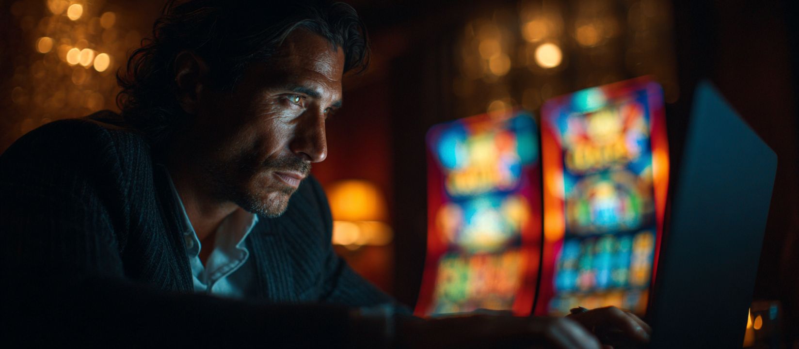 Man using a laptop in a casino with slot machines behind