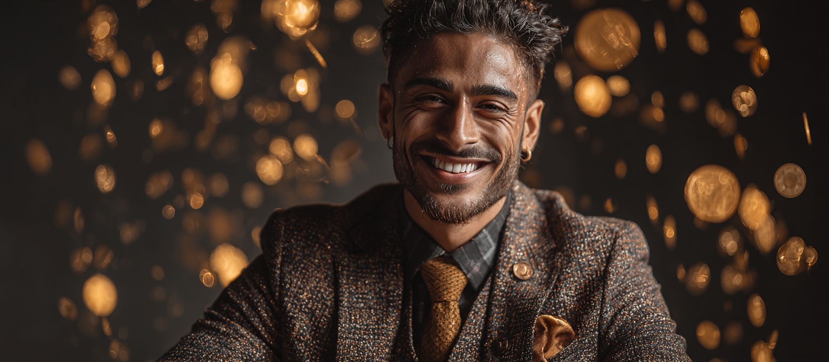 Smiling man in a suit with falling gold coins