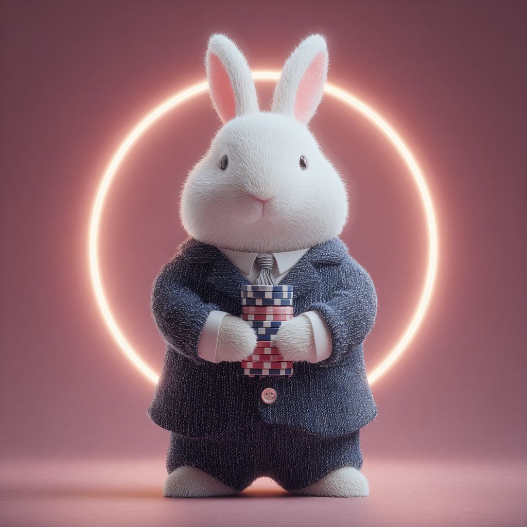 Bunny mascot in suit holding poker chips at 85222 BET Casino