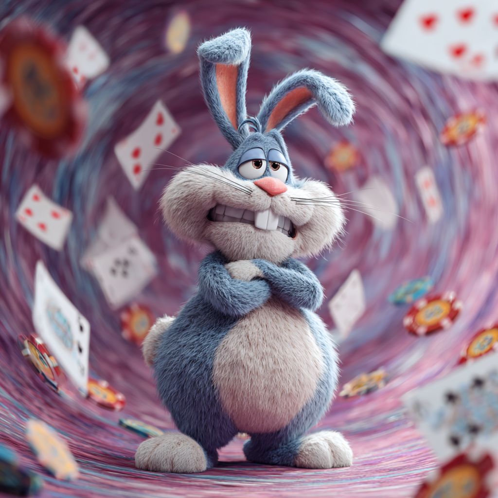 Funny bunny mascot surrounded by cards and casino chips at 85222 BET Casino