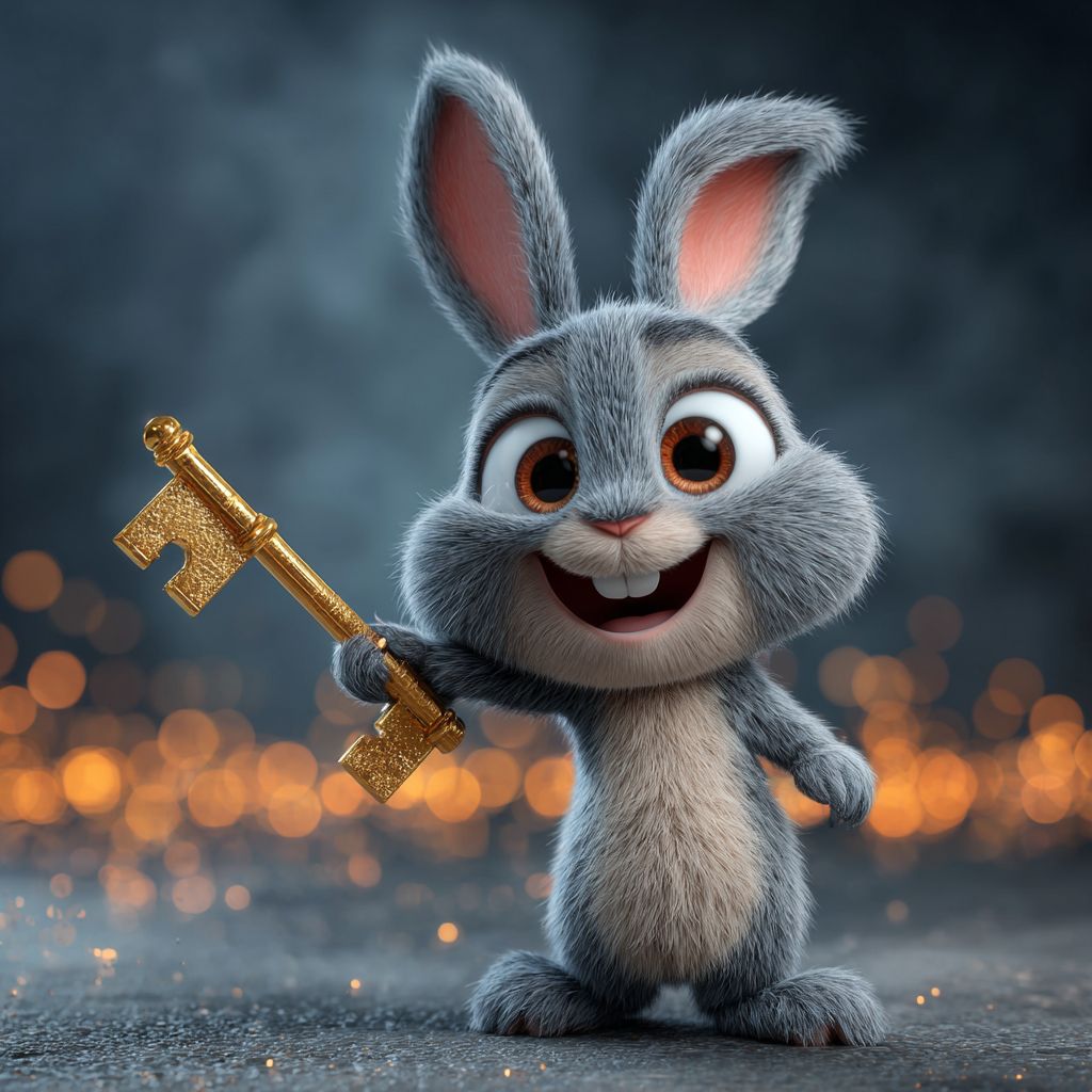 Happy bunny mascot holding golden key for 85222 BET Casino