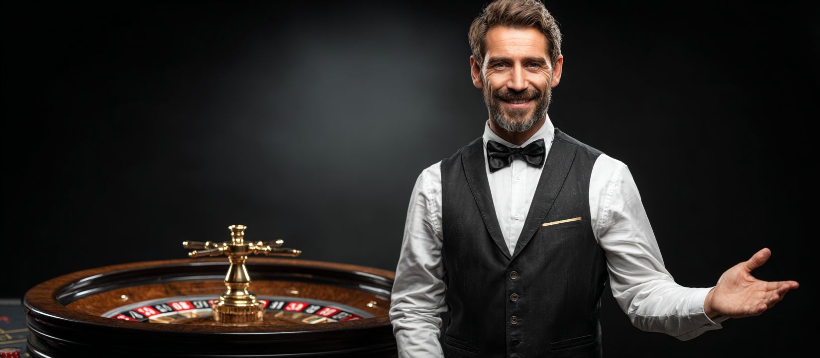 Roulette dealer welcoming players beside the wheel