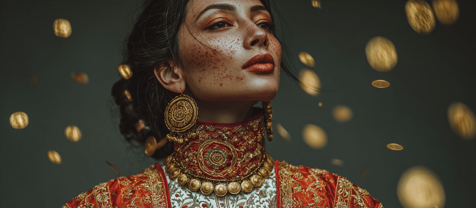 Elegant woman in traditional attire with gold coins at 8522 BET Casino
