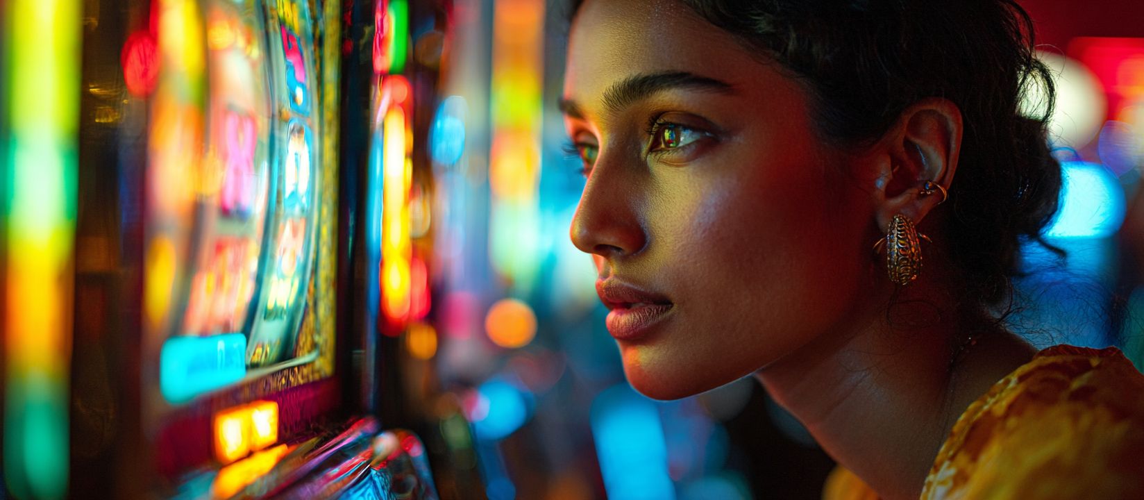 Woman closely watching slot machine reels and lights