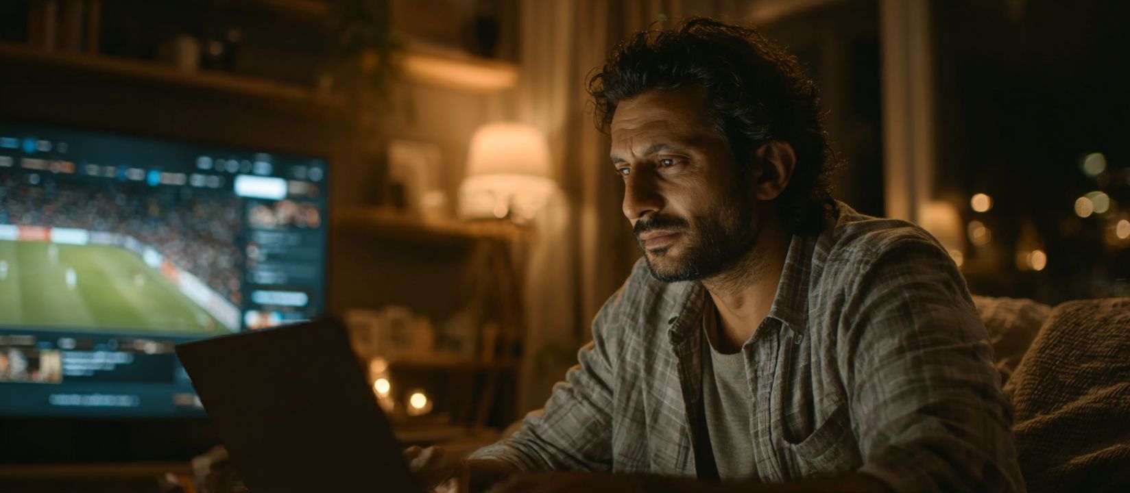 Man betting on a laptop with live football on TV